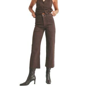 Just Black Denim Nautical Brown Wide Leg Cropped Jeans Size 27 High Rise Raw Hem